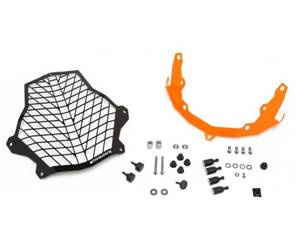 Stainless steel black headlight protector with quick release fasteners, orange bracket, for KTM 1050 Adventure/ 1090 Adventure/ 1190 Adventure/ 1190 A