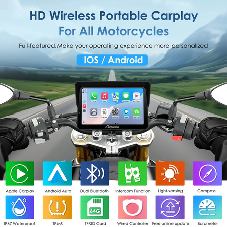 Carpuride W702S Pro | Uniwersalny CarPlay do motocykli z opcjonalnym systemem TPMS i uchwytem Plug-and-Play BM05