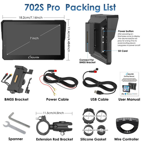 Carpuride W702S Pro | Uniwersalny CarPlay do motocykli z opcjonalnym systemem TPMS i uchwytem Plug-and-Play BM05